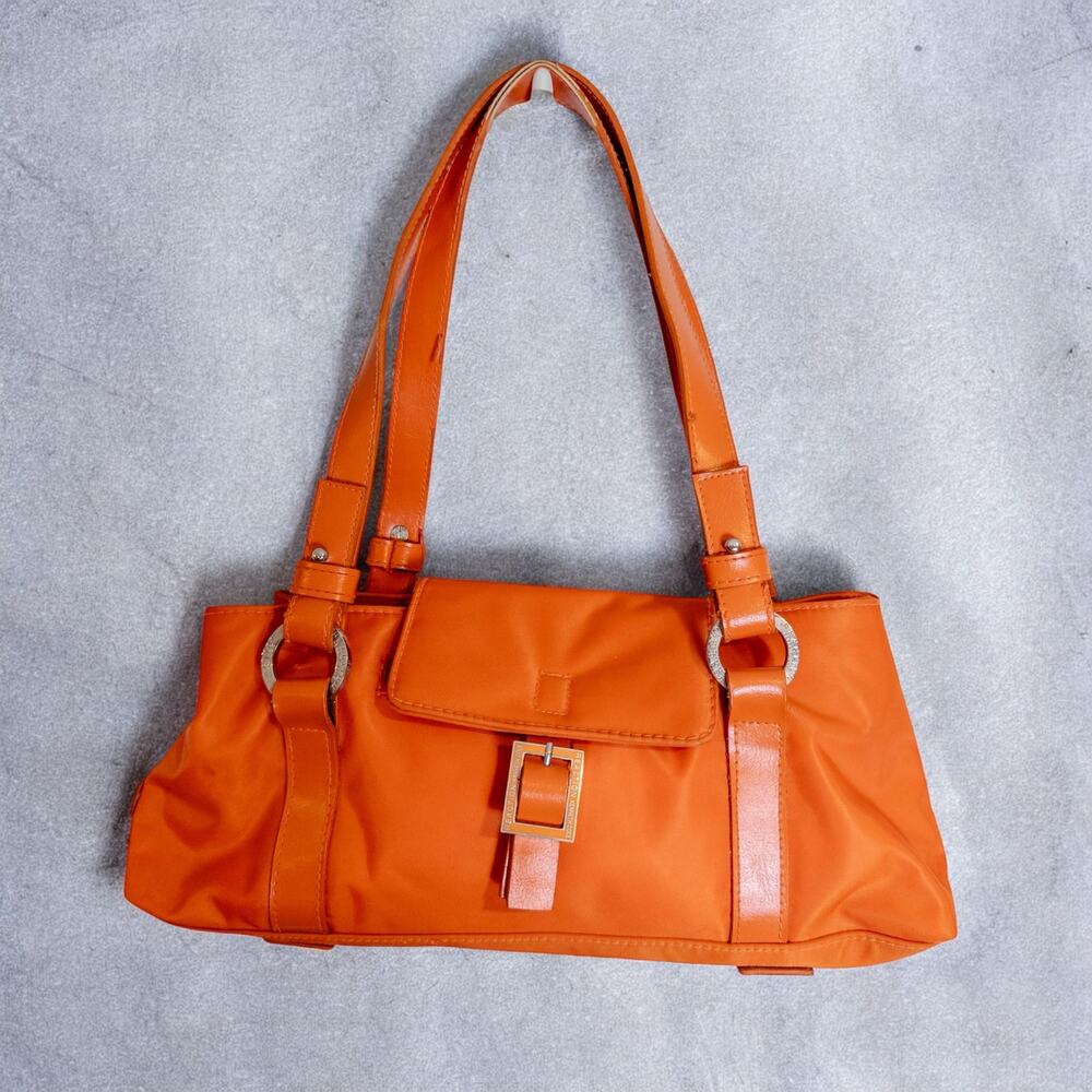 Vintage Y2K Kenneth Cole Reaction Orange Nylon Shoulder Bag Buckle Baguette